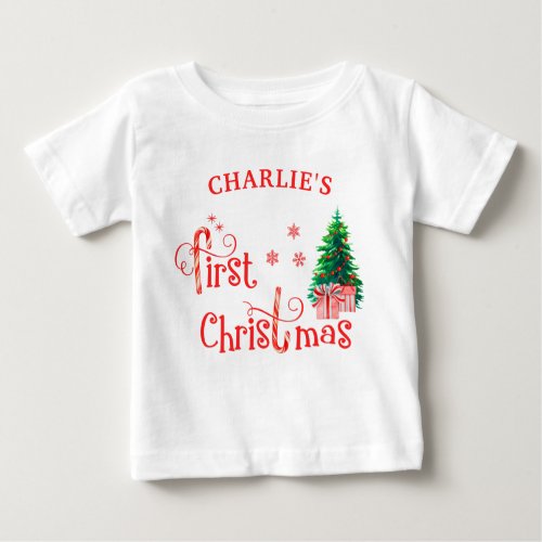 Baby 1st Christmas Tree and Red Candy Cane Baby T_Shirt