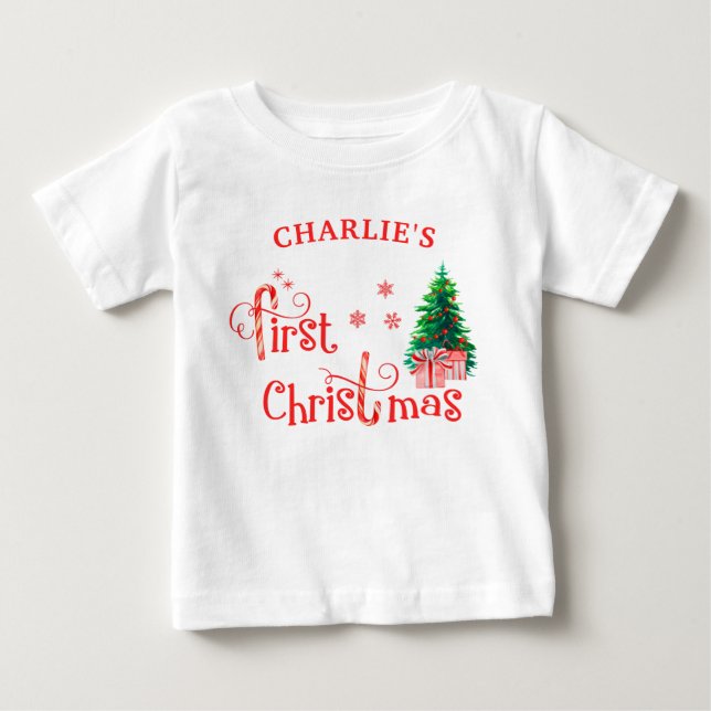 Baby 1st Christmas Tree and Red Candy Cane T-Shirt (Front)
