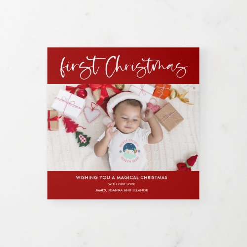 Baby 1st Christmas Year In Review 6 Photos Red  Tr Tri_Fold Holiday Card