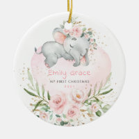 Baby 1st First Christmas Blush Floral Elephant Ceramic Ornament