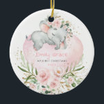 Baby 1st First Christmas Blush Floral Elephant Ceramic Ornament<br><div class="desc">This adorable Christmas ornament features elegant blush pink roses,  soft botanical greenery in green and gold,  and an adorable sleeping baby elephant lying on a pretty heart-shaped balloon. Click the "customize further" button if you wish to re-arrange and format the style and placement of the text.</div>