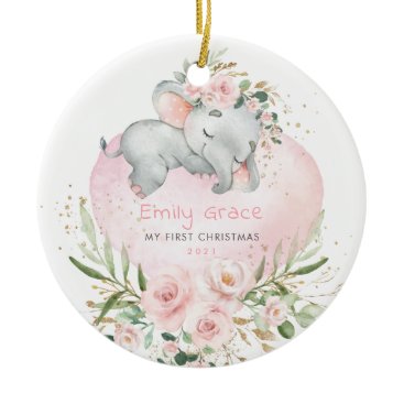 Baby 1st First Christmas Blush Floral Elephant Ceramic Ornament