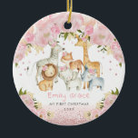 Baby 1st First Christmas Blush Rose Gold Safari Ceramic Ornament<br><div class="desc">This adorable Christmas ornament features elegant blush pink flowers,  soft botanical greenery,  rose gold glitter confetti and a group of girly jungle animals. Click the "customize further" button if you wish to re-arrange and format the style and placement of the text.</div>