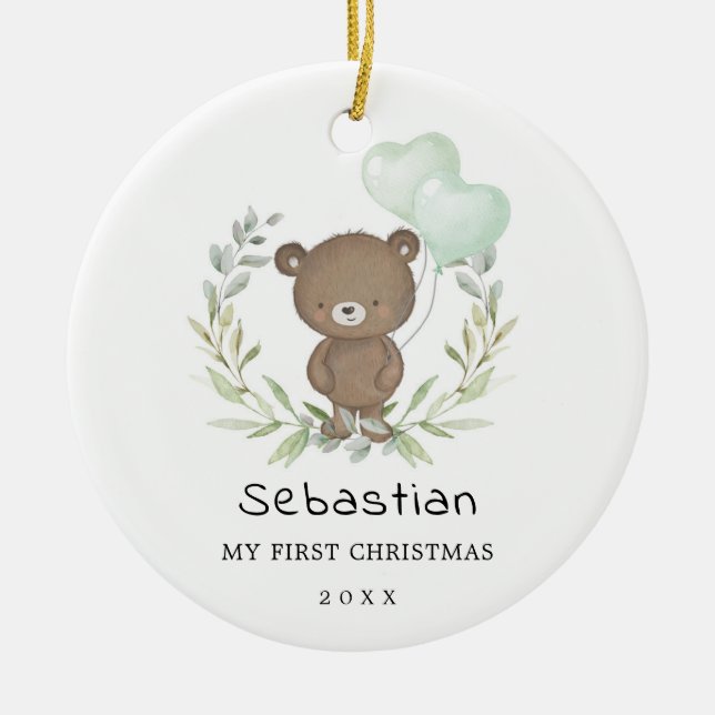 Baby 1st First Christmas Cute Teddy Bear Greenery Ceramic Ornament (Front)