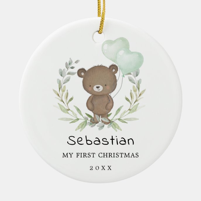 Baby 1st First Christmas Cute Teddy Bear Greenery Ceramic Ornament