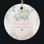 Baby 1st First Christmas Dreamy Blush Elephant Ceramic Ornament<br><div class="desc">This adorable Christmas ornament features elegant blush pink roses,  soft botanical greenery in green and gold,  and an adorable sleeping baby elephant lying on a pretty pink moon . Click the "customize further" button if you wish to re-arrange and format the style and placement of the text.</div>