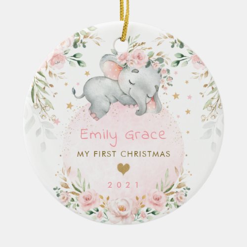 Baby 1st First Christmas Dreamy Blush Elephant Ceramic Ornament