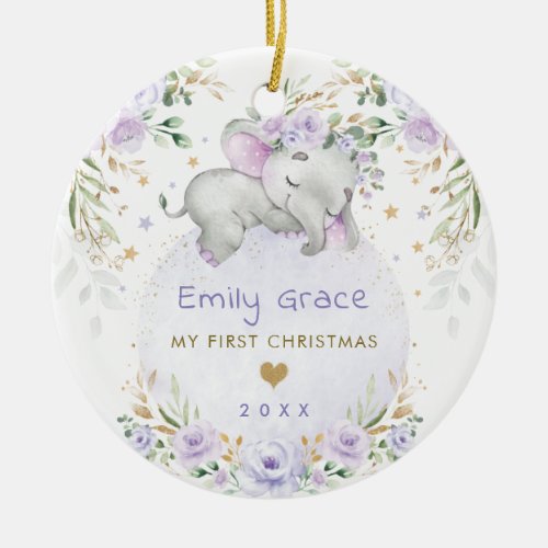 Baby 1st First Christmas Dreamy Purple Elephant Ceramic Ornament