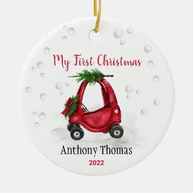 Baby 1st First Christmas Holiday Red Truck  Ceramic Ornament (Front)