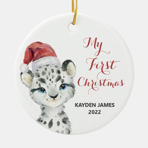 Baby 1st First Christmas Leopard Watercolor Ceramic Ornament