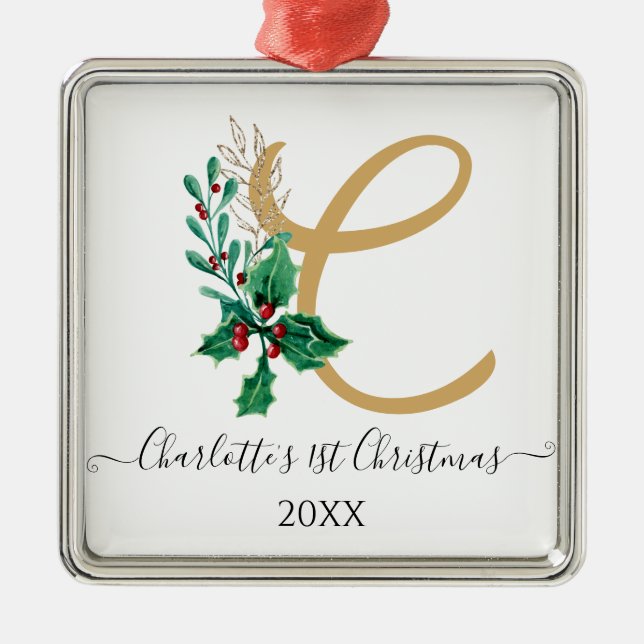 Baby 1st First Christmas Monogram Holly Berry Gold Metal Ornament (Front)