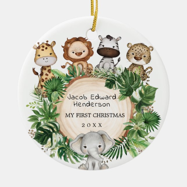 Baby 1st First Christmas Safari Jungle Animals Ceramic Ornament (Front)