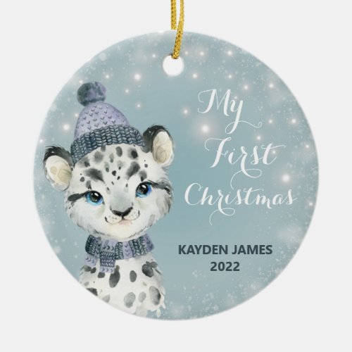 Baby 1st First Christmas snow Leopard Watercolor Ceramic Ornament