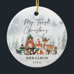 Baby 1st First Christmas Snowy Winter Woodland Ceramic Ornament<br><div class="desc">This adorable Chrismas ornament features a group of cute woodland animals and frosty forest landscape in elegantly muted holiday colors</div>