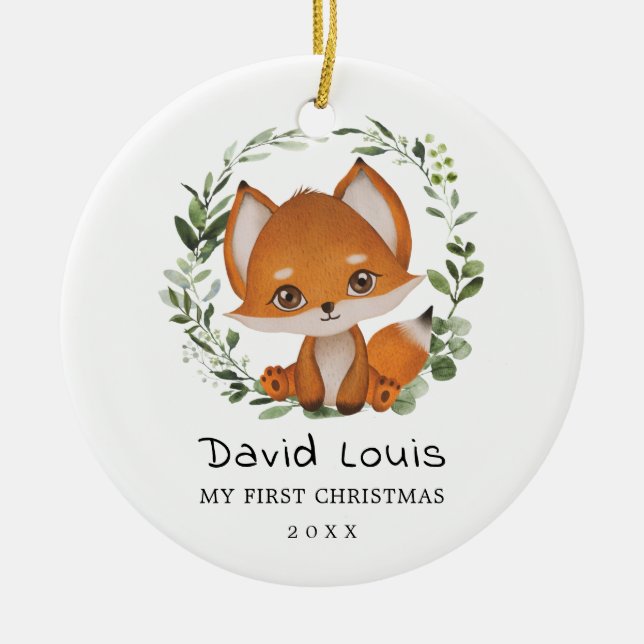 Baby 1st First Christmas Sweet Fox Greenery Wreath Ceramic Ornament (Front)