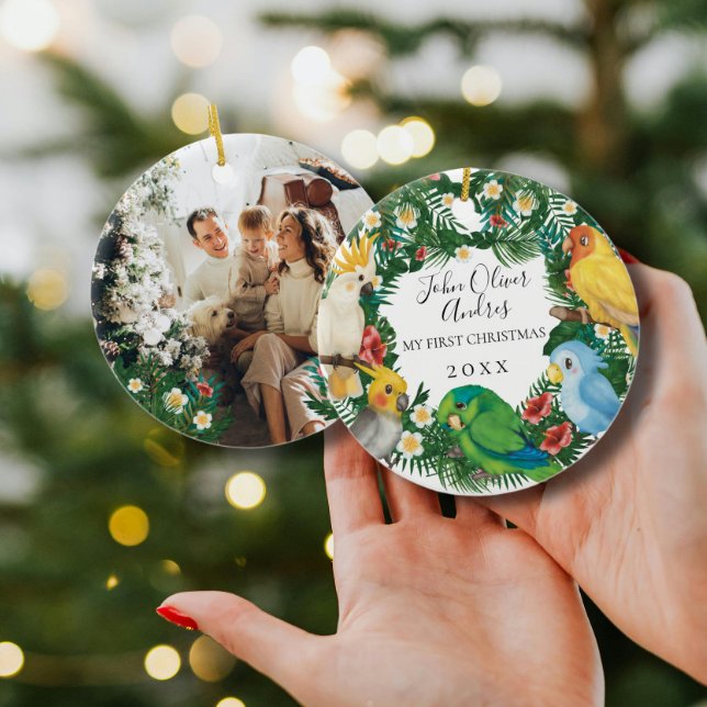 Baby 1st First Christmas Tropical Exotic Parrots Ceramic Ornament (Creator Uploaded)