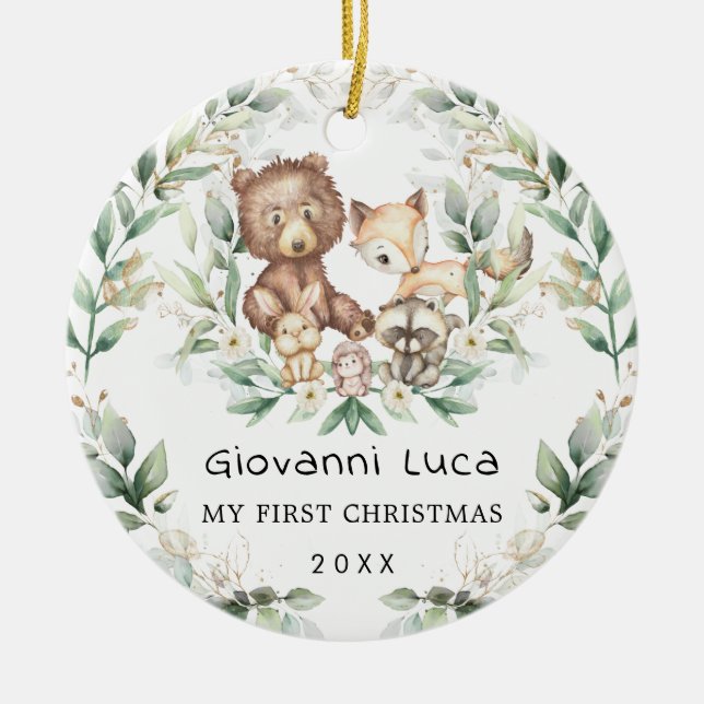 Baby 1st First Christmas Woodland Greenery Wreath  Ceramic Ornament (Front)