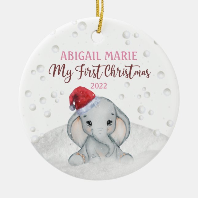 Baby 1st First Holiday Christmas Elephant Ceramic Ornament (Front)