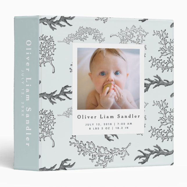 Baby 1st Year Photo Album Blue Coral Pattern 3 Ring Binder (Front/Spine)