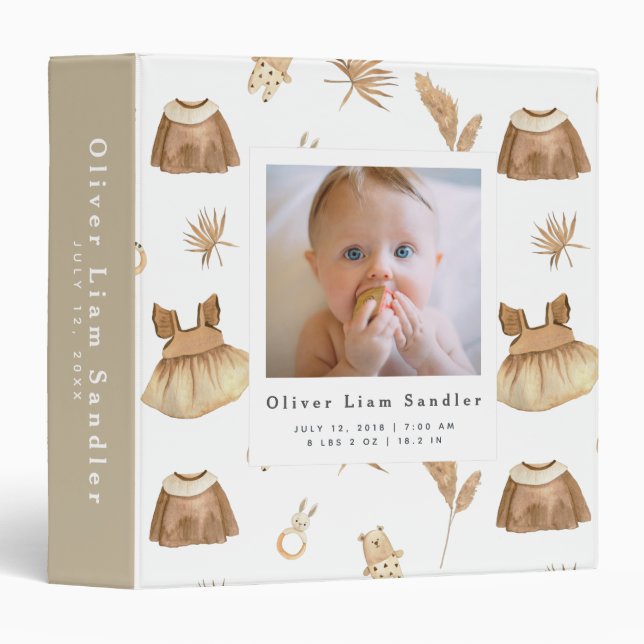 Baby 1st Year Photo Album Boho Baby Clothes 3 Ring Binder (Front/Spine)