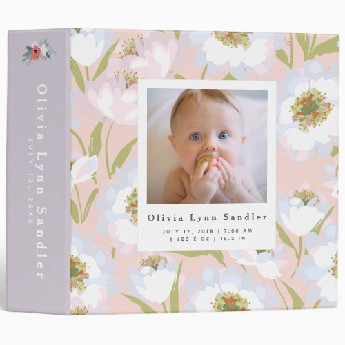 Baby 1st Year Photo Album Elegant Floral Pattern 3 Ring Binder