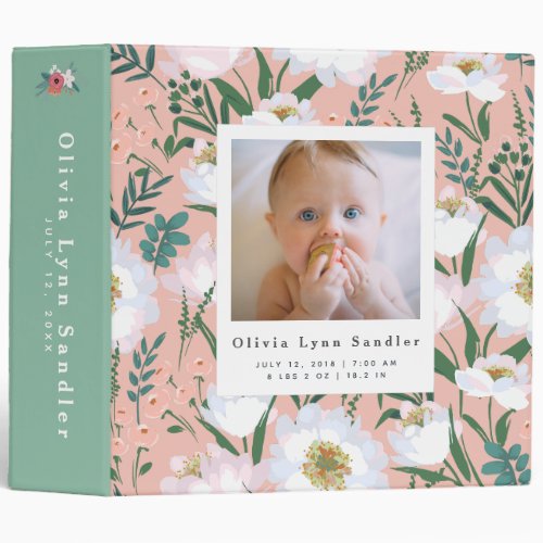 Baby 1st Year Photo Album Elegant Floral Pattern 3 Ring Binder