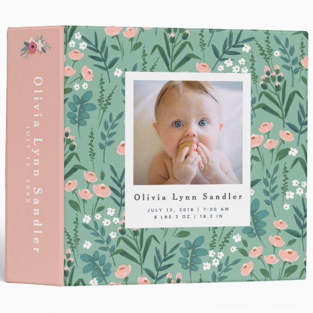 Baby 1st Year Photo Album Green Wildflower Pattern 3 Ring Binder (Front/Spine)