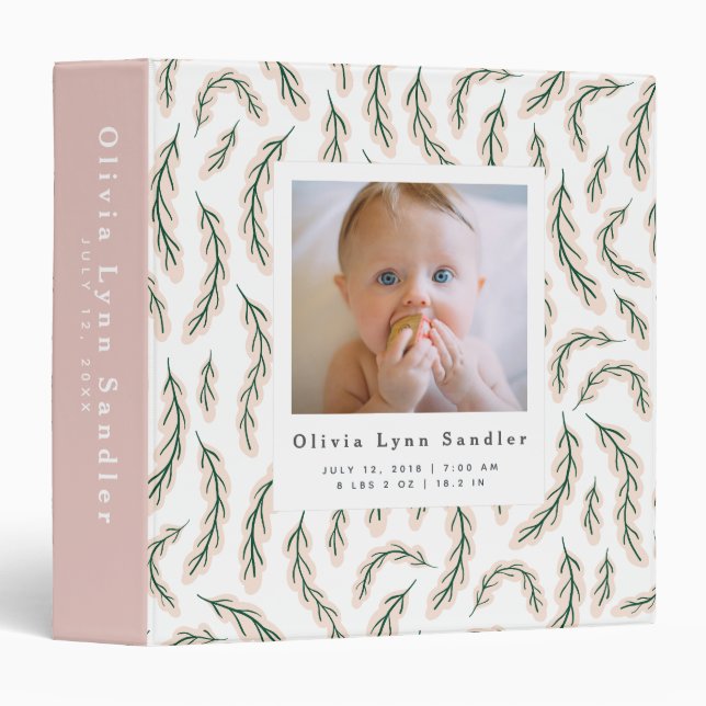 Baby 1st Year Photo Album Pink Botanical 3 Ring Binder (Front/Spine)