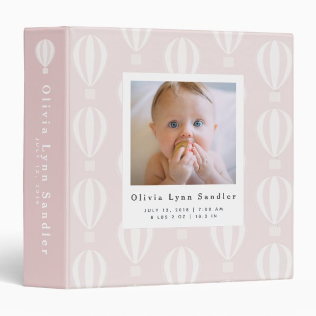 Baby 1st Year Photo Album Pink Hot Air Balloon 3 Ring Binder (Front/Spine)