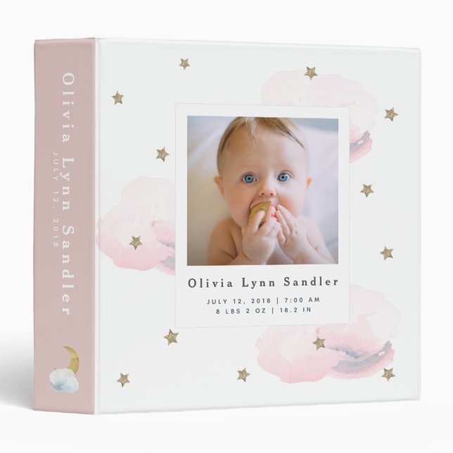 Baby 1st Year Photo Album Pink Twinkle Little Star 3 Ring Binder (Front/Spine)