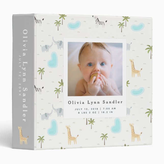 Baby 1st Year Photo Album Safari Animals 3 Ring Binder (Front/Spine)