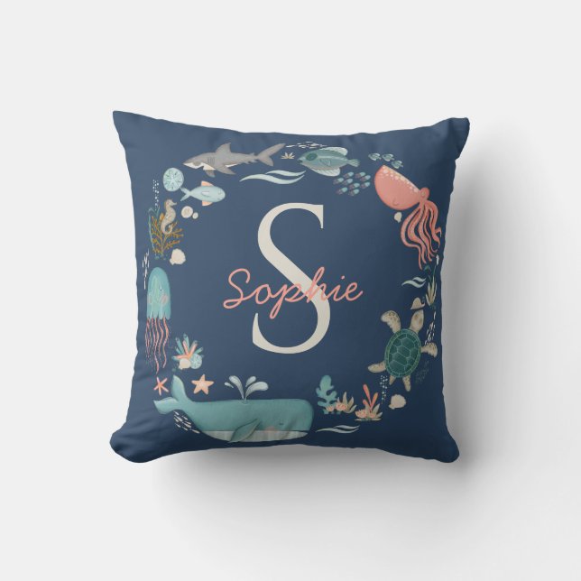 Baby 2 Names Monogram Blue Under the Sea Octopus Throw Pillow (Front)