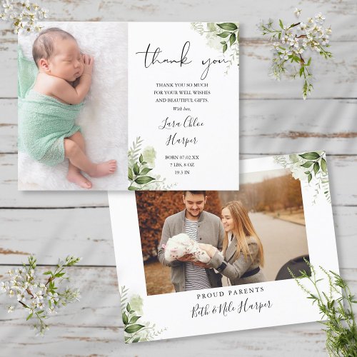 Baby 2 Photos Greenery Floral Thank You Birth Announcement Postcard