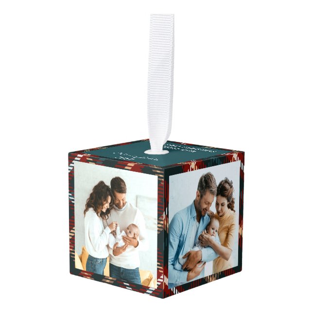 Baby 4 Photo Country Tartan Plaid Cube Ornament (Front Angled)