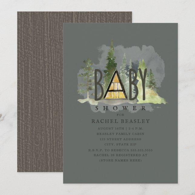 Baby A Frame Woodland Cabin Dark Baby Shower Invitation (Front/Back)