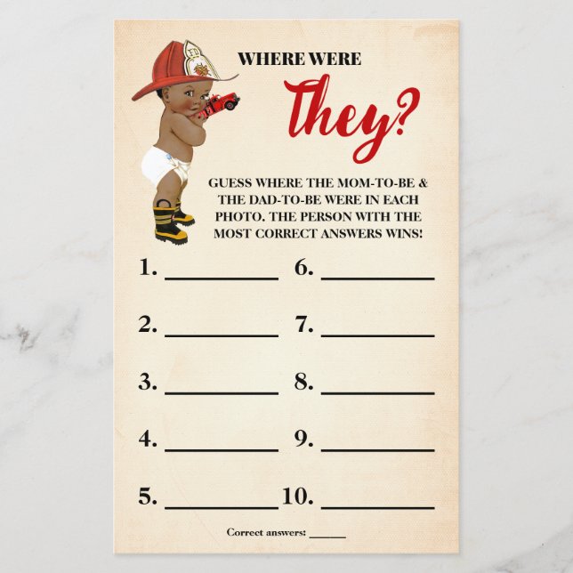 Baby AA Fireman Where were They Shower Game Card Flyer (Front)