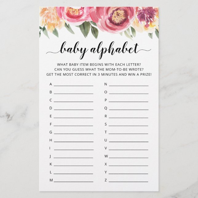 Baby ABC game Baby Shower party Alphabet game (Front)