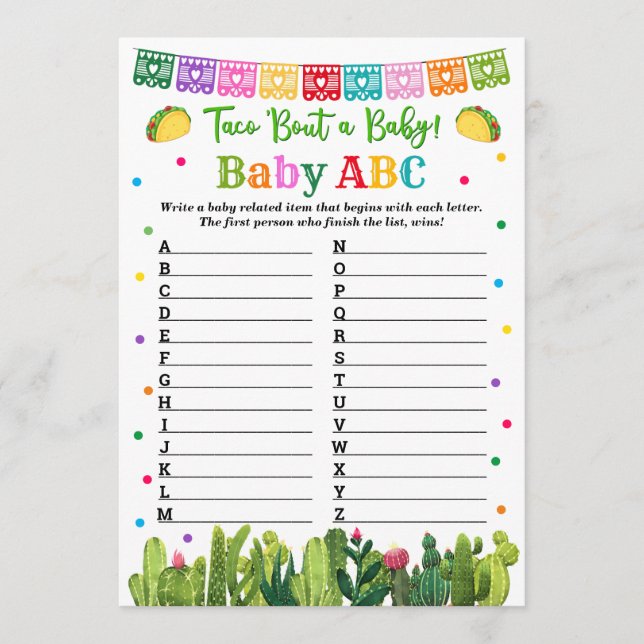 Baby ABC Game Taco Baby Shower Advice Card (Front)