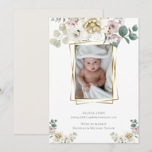 Baby Add Photo Alabaster Peonies Gold Frame Invitation