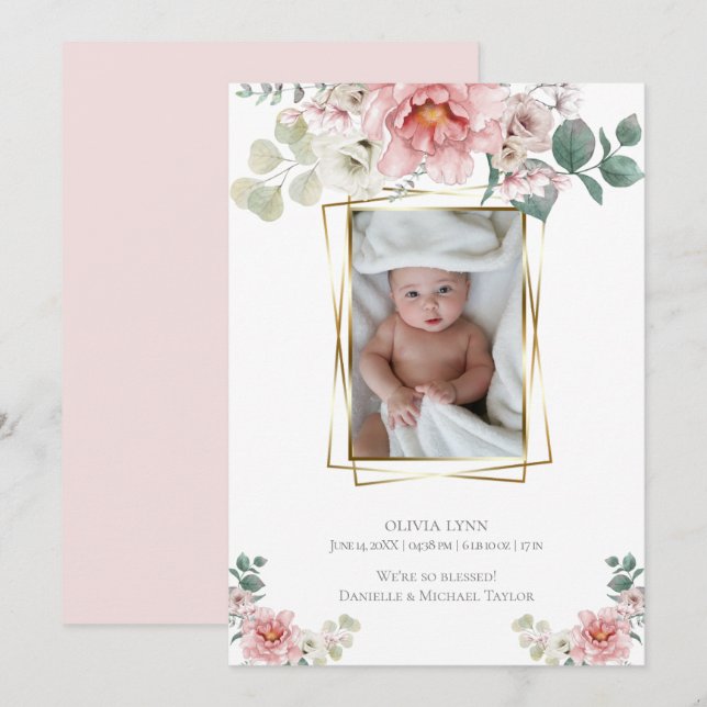 Baby |  Add Photo Baby Pink Peonies Gold Frame Invitation (Front/Back)