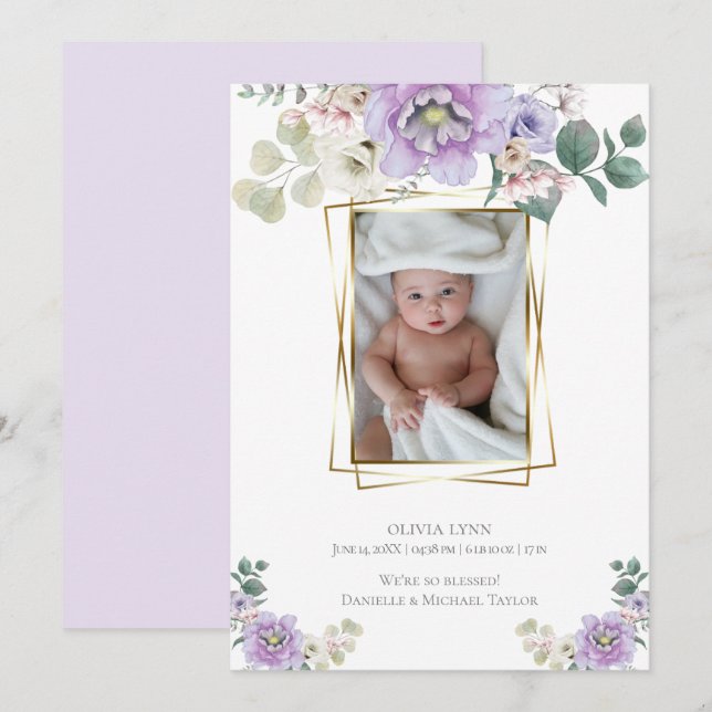 Baby |  Add Photo Violet  Peonies Gold Frame Invitation (Front/Back)