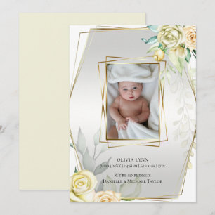 Baby Add Photo Yellow Roses Gold Frame Invitation