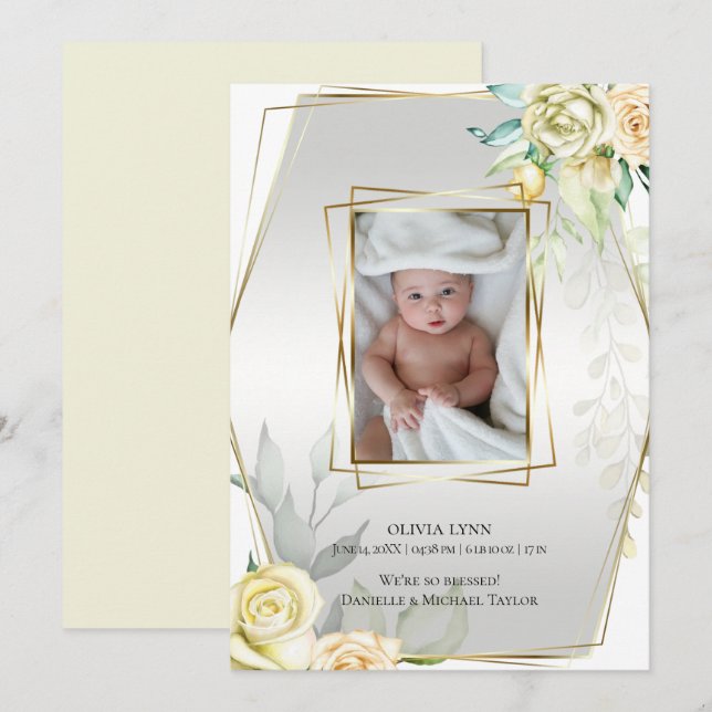 Baby |  Add Photo Yellow Roses Gold Frame Invitation (Front/Back)