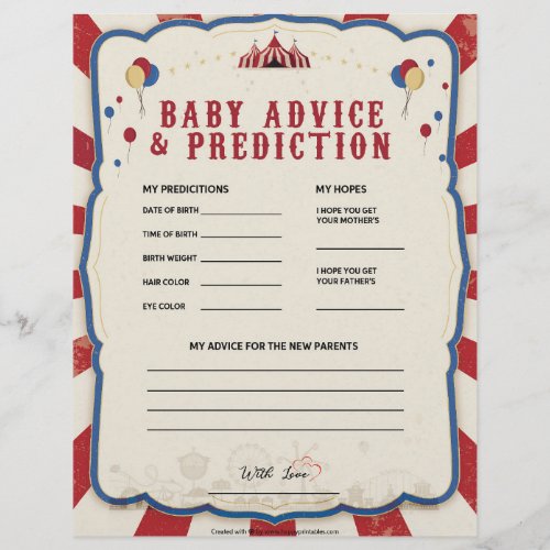 Baby Advice  Prediction Circus Theme Letterhead