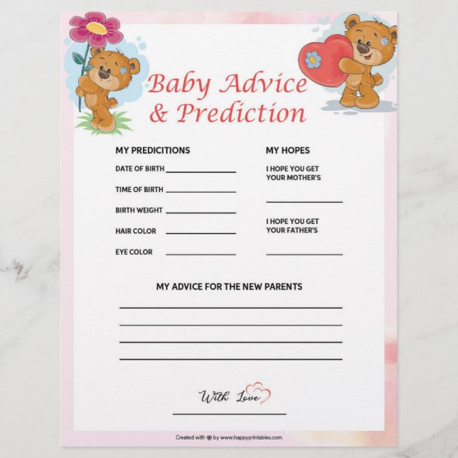 Baby Advice & Prediction [Teddy Bears] Letterhead (Front)