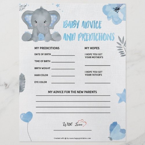 Baby Advice  Predictions Baby Elephant Blue Letterhead