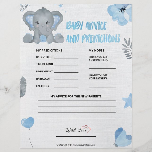 Baby Advice & Predictions [Baby Elephant [Blue] Letterhead (Front)