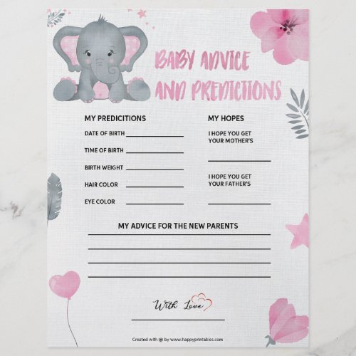 Baby Advice  Predictions Baby Elephant Pink Letterhead