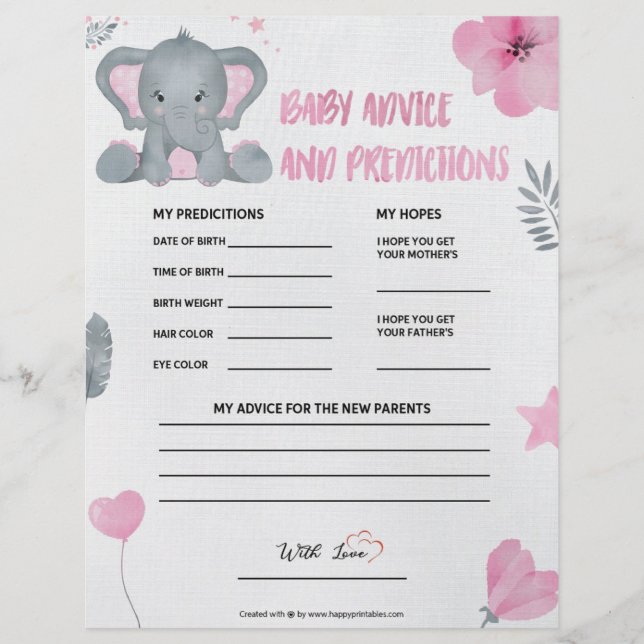 Baby Advice & Predictions [Baby Elephant [Pink]] Letterhead (Front)