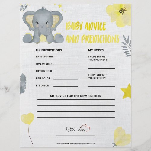 Baby Advice  Predictions Baby Elephant Yellow Letterhead